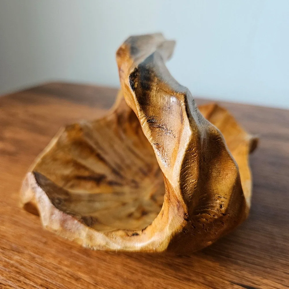 Hand Carved Small Wooden Basket Bowl Artisan Organic Shape Rustic Handmade